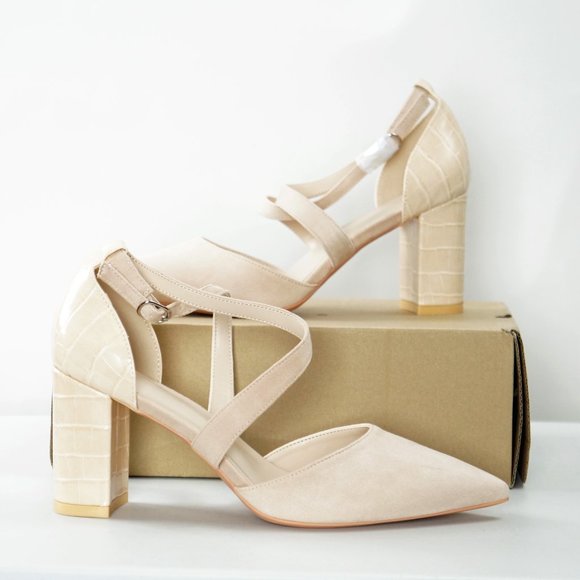 Eileency Chunky Heel Pointed Toe Nude Cross Strap Pumps - Picture 5 of 7